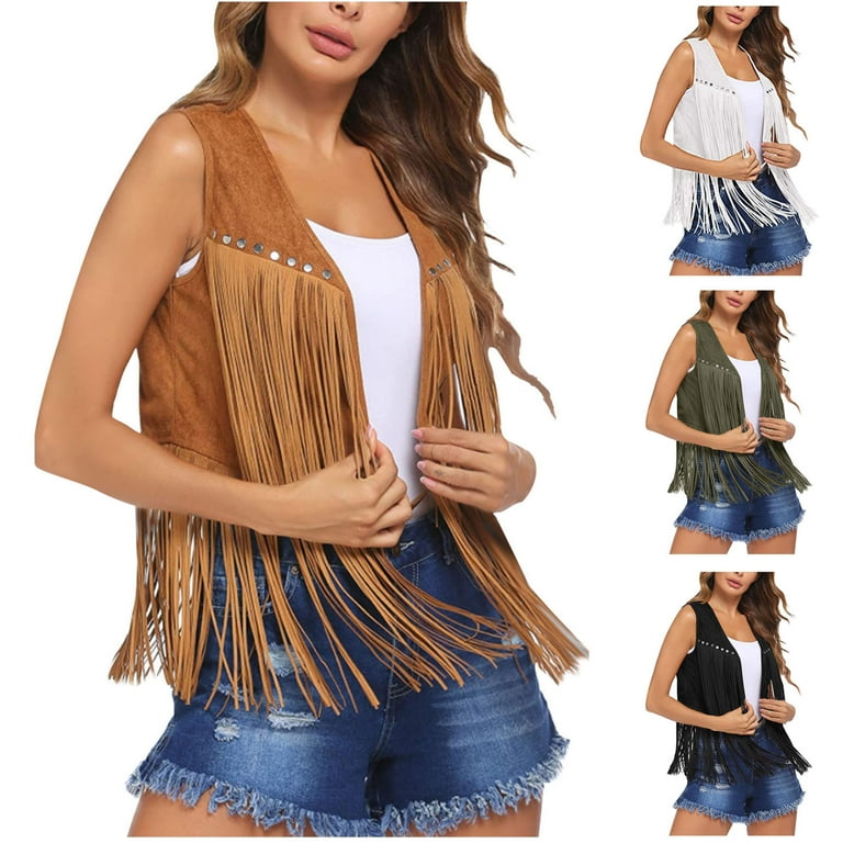 トップス AMERI FRINGE VEST SET SUEDE JACKET Women's Fringe Vest 70s Sleeveless Hippie Jacket Faux Suede