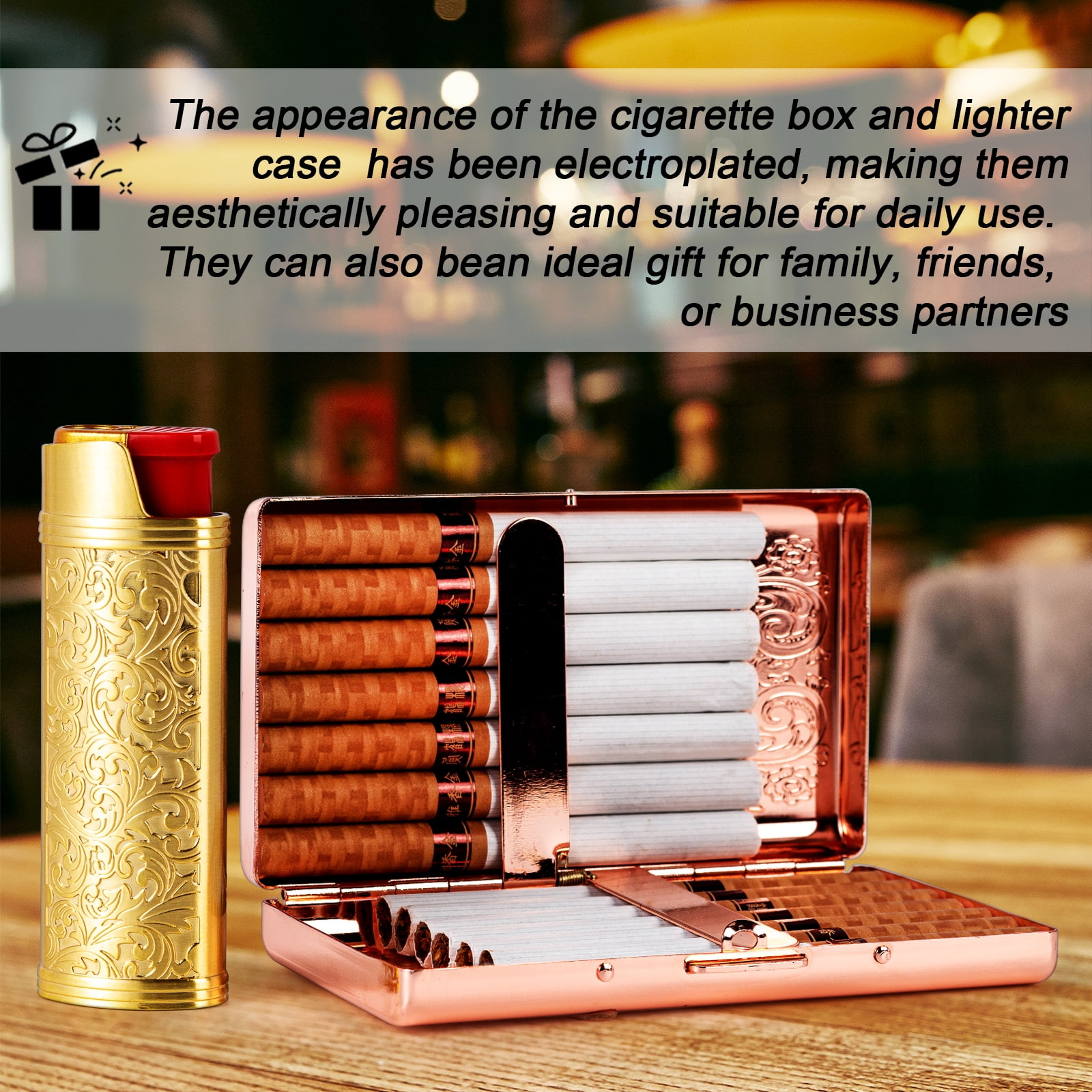 Metal Vintage Cigarette Case - With J6 Lighter Metal Case, Holds 12pcs  100mm Cigarettes or as an Organizer for RFID Credit Cards and Cash (Black) 
