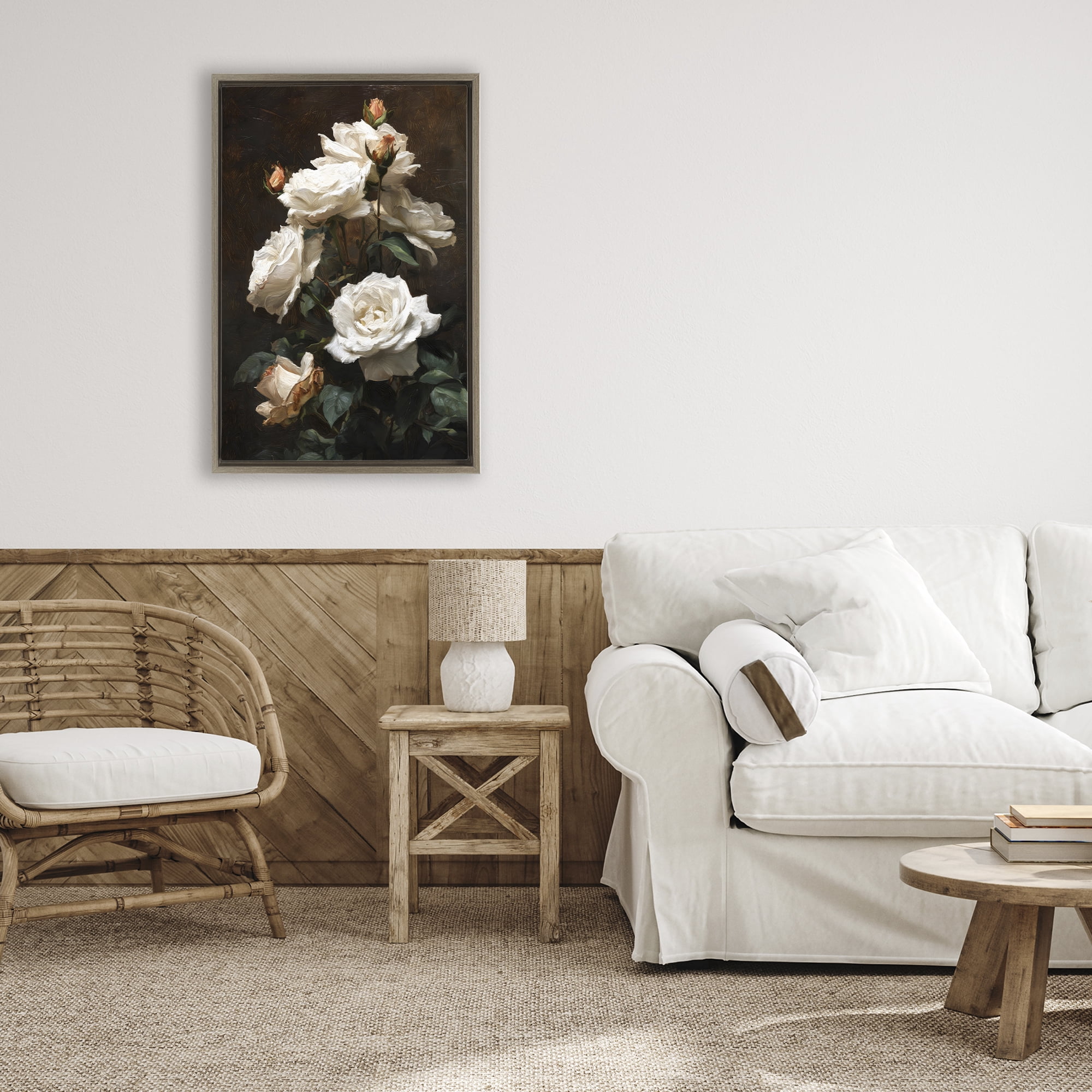 Stupell Industries Tower of White Roses Brown Framed Floater Canvas Wall Art, design by Petal Prints Design