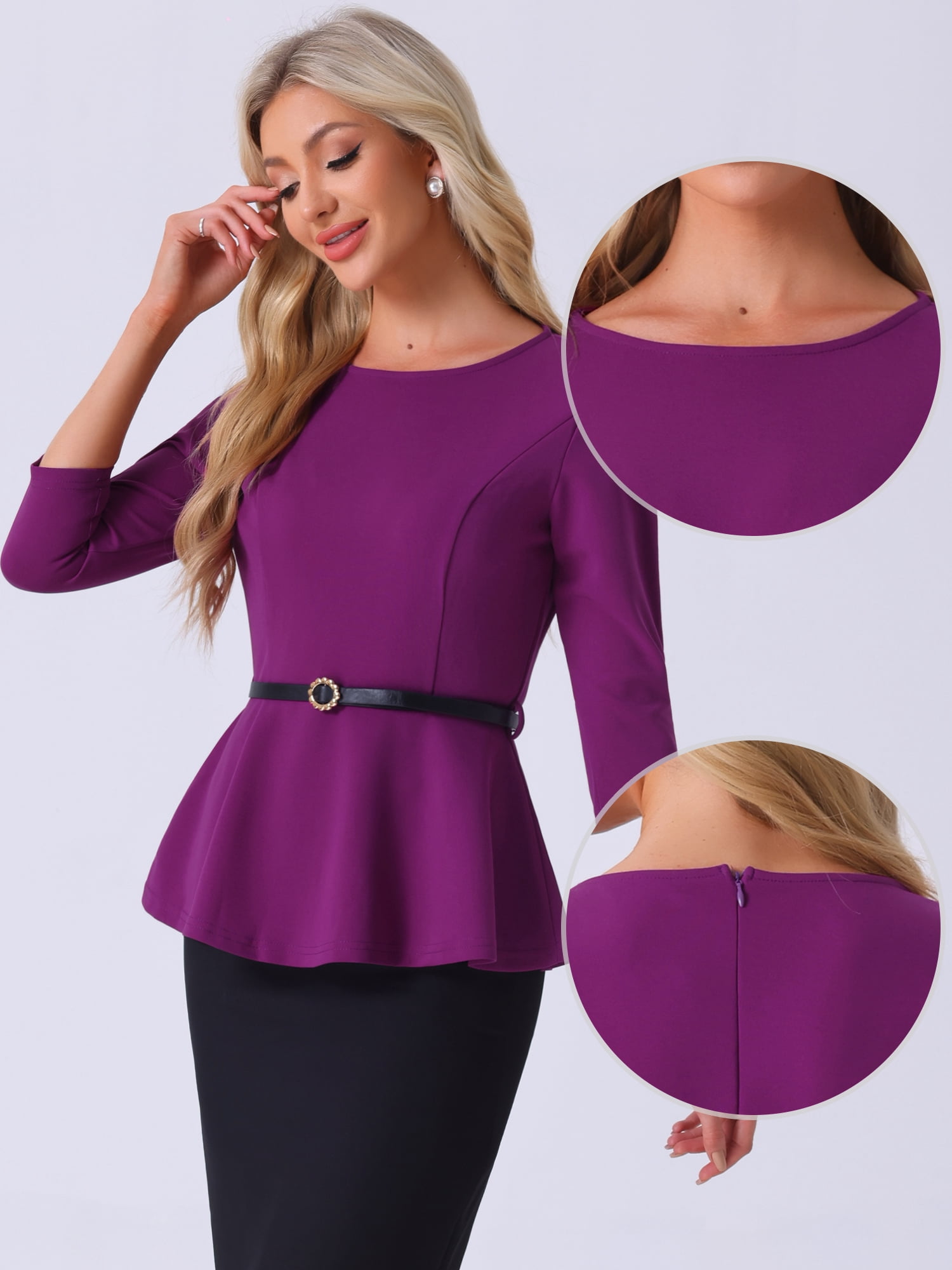DARING DIVA Women's Round Neck 3/4 Sleeve Elegant Work Peplum Tops S Purple