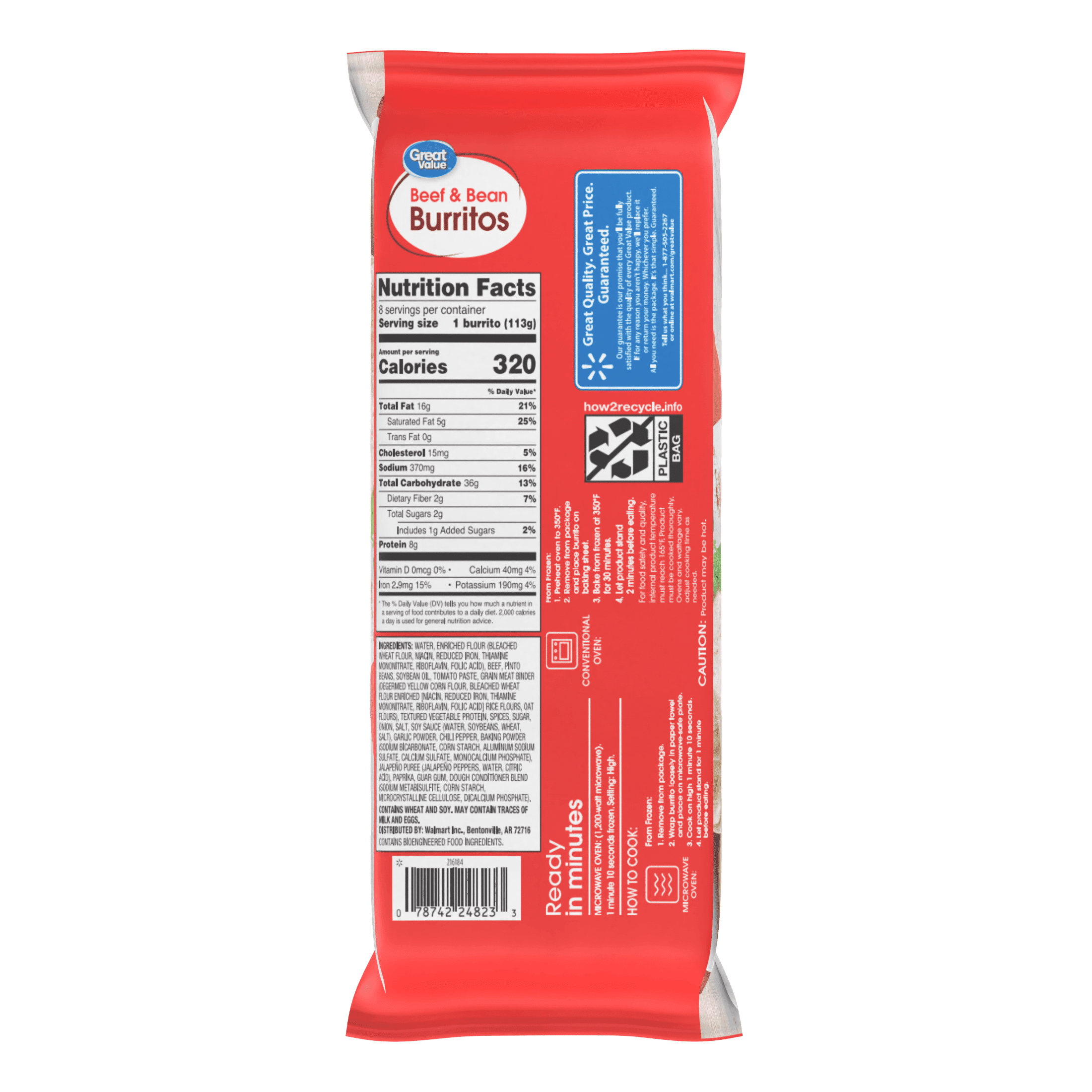 Great Value Beef & Bean Burritos, 32 oz, 8 Count (Frozen)
