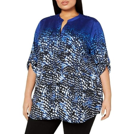 Calvin Klein Womens Plus Printed Utility Button-Down Top Size X-Large Color Blue