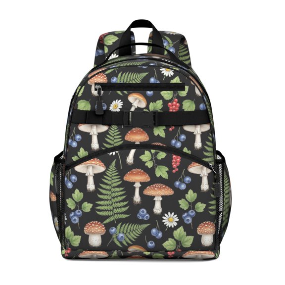 Mushroom and Berry Black Pattern Cute School Backpack Bag for School with Padded Back and Adjustable Shoulder Straps 15.25"x11.5"x5.25"