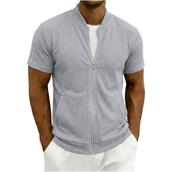 FAWUUDO Men's Waffle Tops Solid Color Zipper Quick Dry Lightweight Breathable Workout Gym Short Sleeve Gray