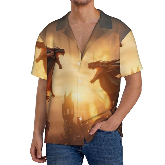 Bingfone Castle Cool Fire Dragon for Men's Cuban Collar Short Sleeve Shirt with Pocket Button Down Cardigan Summer Shirt-3X-Large