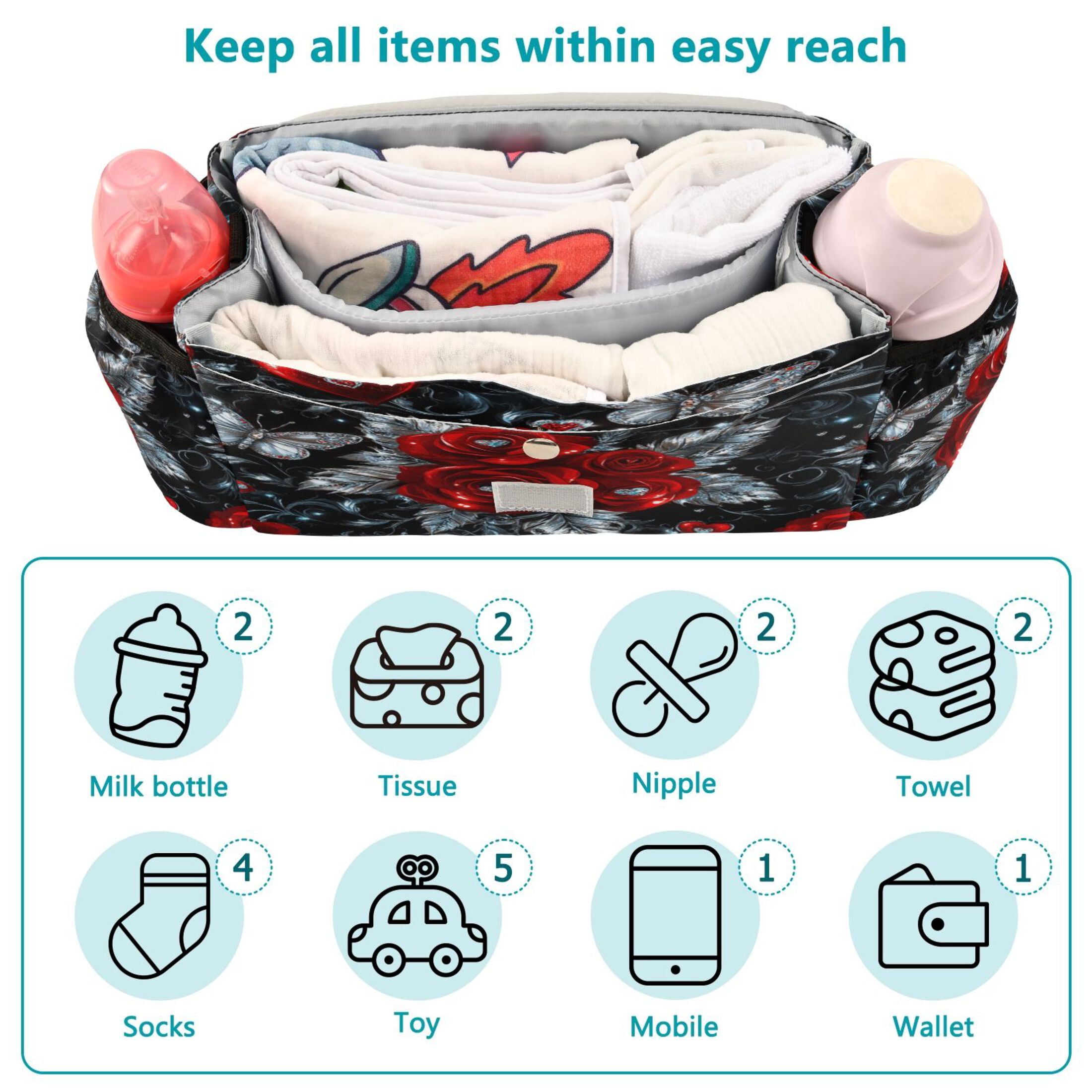 DIXRUYEE Stroller Organizer Passionate Petals Printed