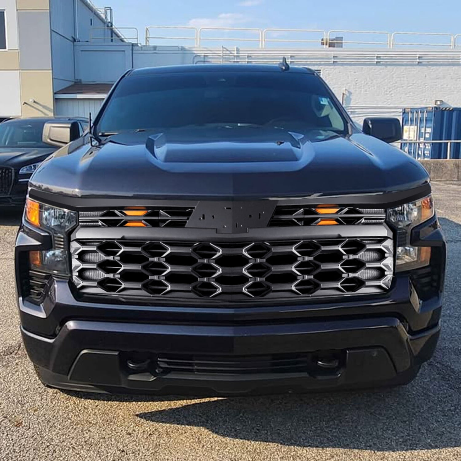 AMERICAN MODIFIED Armor Grille w/Emblem Base, Amber Lights and Front Camera Bracket for 2022-2024 Chevy Silverado 1500, Matte Black ABS