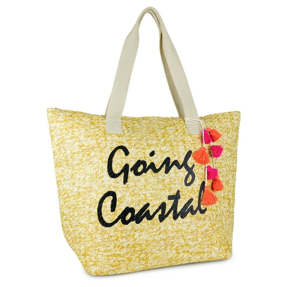 Women's Insulated Going Coastal Verbiage Beach Tote Bag with Tassel