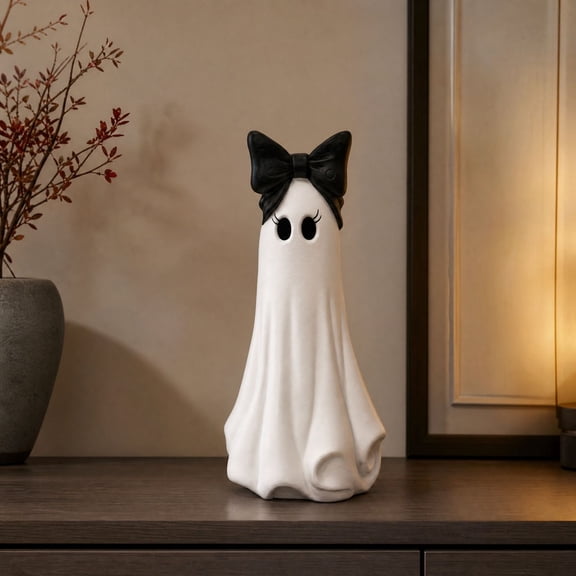 10 Inch White Resin Ghost Figurine with Decorative Black Bow, Cute Ghost Tabletop Statue, Vintage Halloween Indoor Decor for Mantel, Entryway, Living Room Seasonal Display