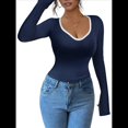 thumbnail image 2 of Camisetas Ajustadas con Cuello en Forma de Corazón para Mujer, Tops de Punto Acanalado con Mangas Largas Acampanadas Azul Marino L, 2 of 7