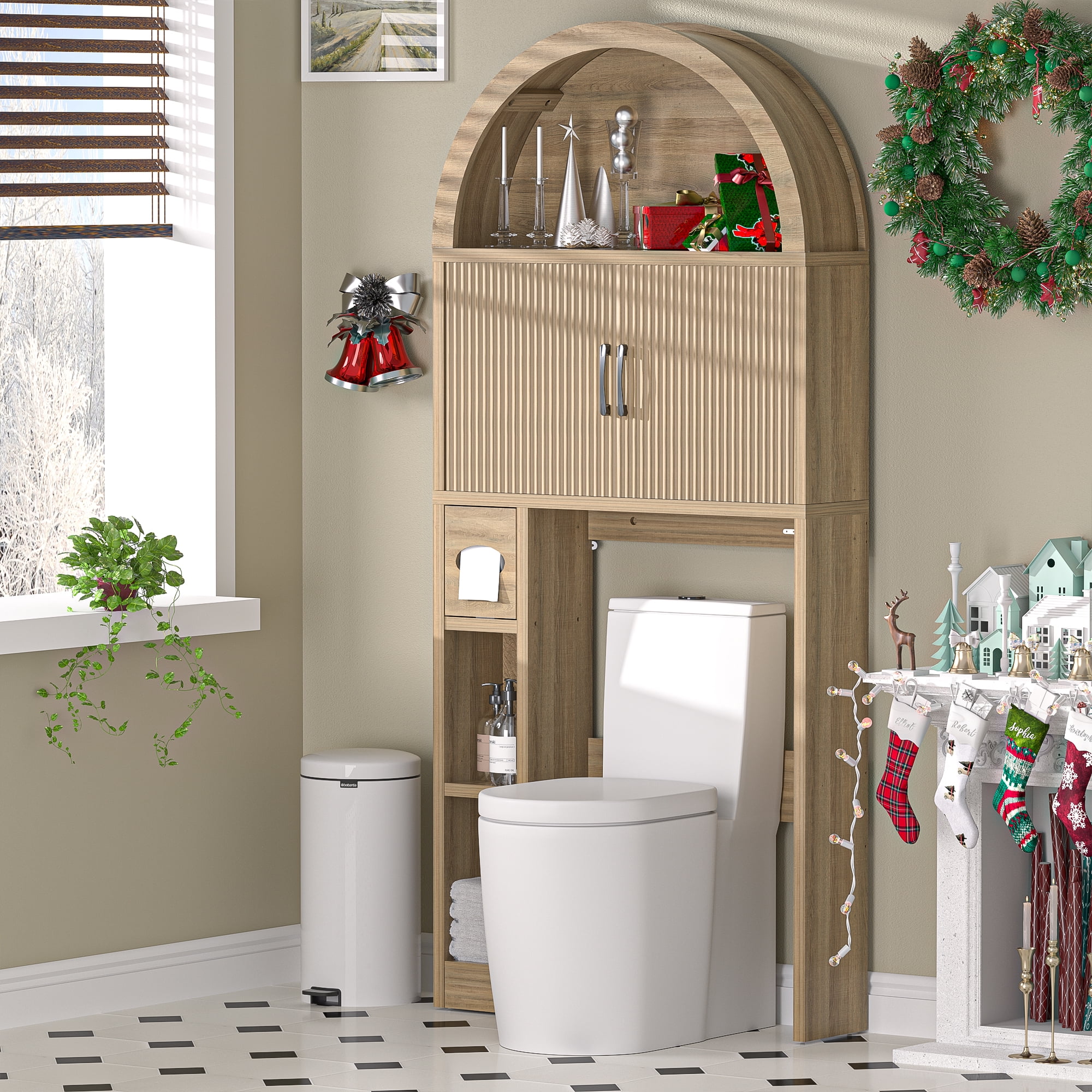 HARIPUL Over The Toilet Storage Cabinet w/ Unique Wood Grain & Arc Design, Freestanding Bathroom Shelf Organizer Space Saver w/ Doors & Anti-Tip Device, Wood Color