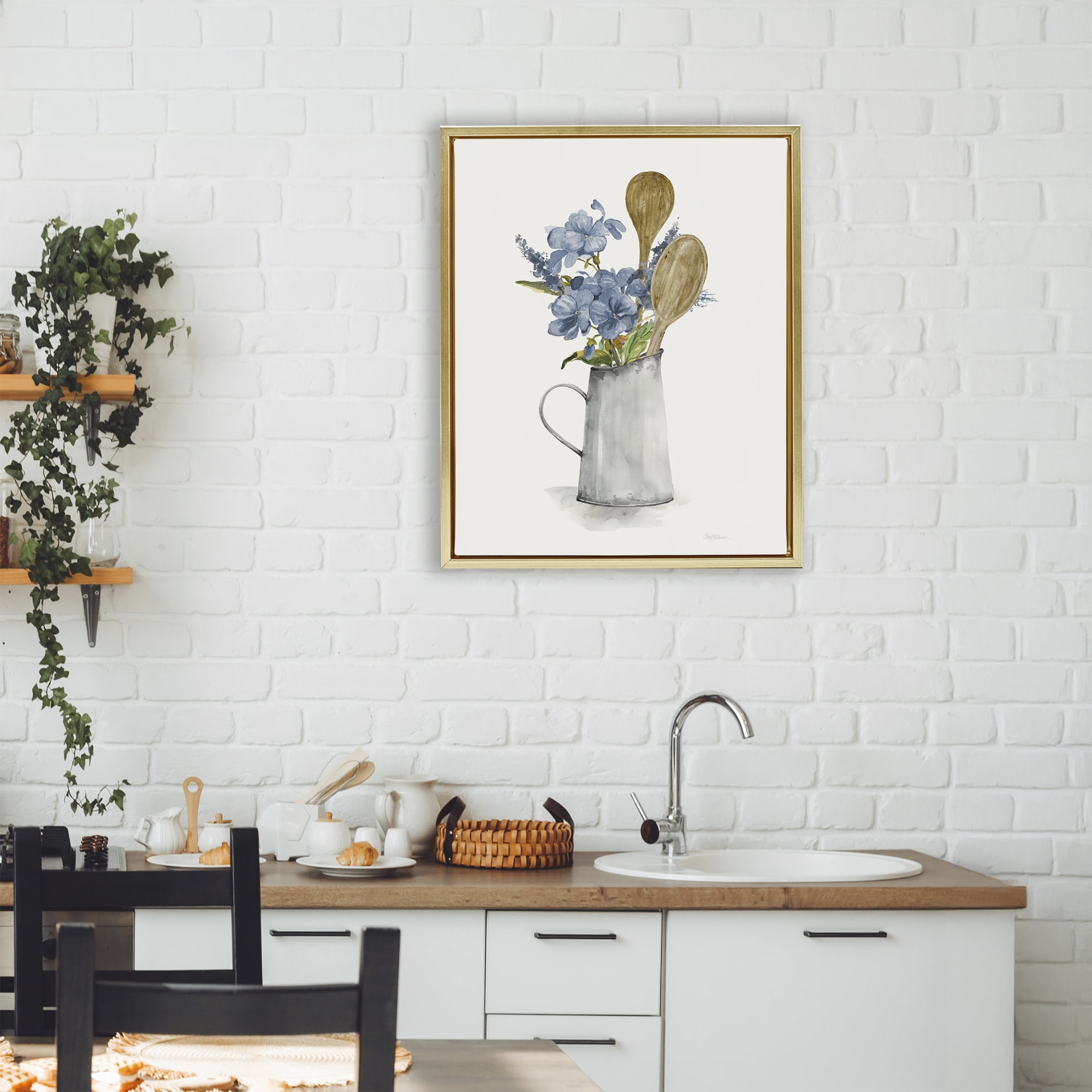 Stupell Industries Kitchen Spoons & Blue Blooms Gold Framed Floater Canvas Wall Art, design by Carol Robinson