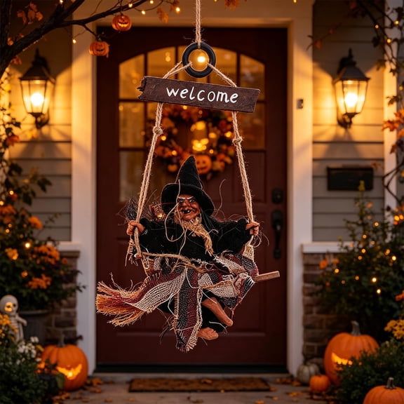 Halloween Hanging Witch on Swing Decor, 11.4 Inch Welcome Sign Door Hanger with Broom, Spooky Front Porch Ornament for Halloween Party Home Outdoor Decoration