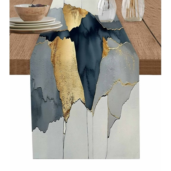 ERUNPONLY Gold Blue Gray Marble Table Runner - 72 Inch Long Retro Abstract Patterned Art Cotton and Linen Blended Dress Scarves Farmhouse Table Runner for Kitchen Dining, Coffee Table, 13" x 72"