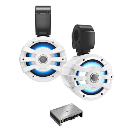 Kenwood 7.7" Black Wake Tower LED Marine Speakers 1-Pair with 300 Watt Marine Amplifier