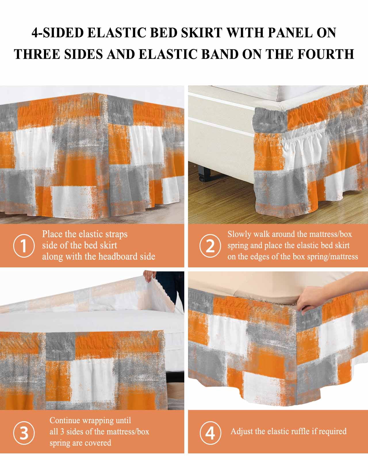 Orange Grey White Modern Wrap Around Bed Skirts for King Bed 16" Drop,Bed Skirt with Adjustable Elastic Belt Dust Ruffle Bed Valance for Bedroom Hotel Luxury Abstract Art Oil Painting Bed Frame Cover