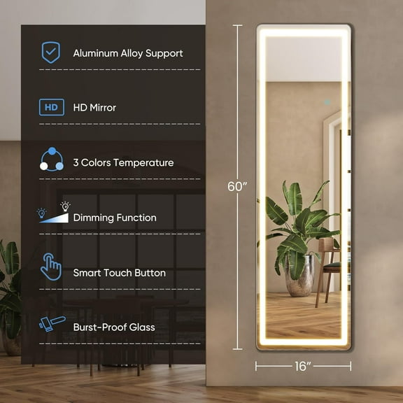 Full Length Body Mirror with LED Lights, 60x16" Rectangular Mirror with Aluminum Frame for Bedroom Living Room