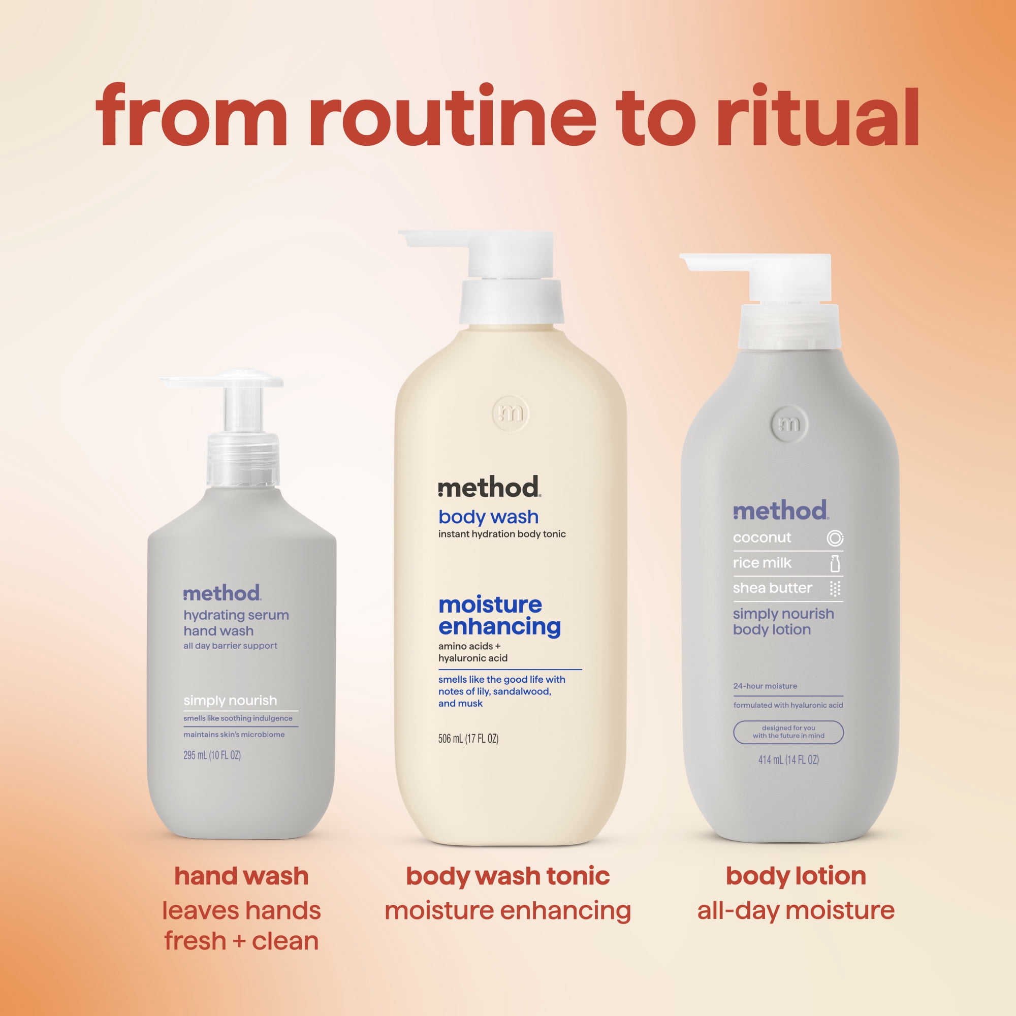 method body wash tonic, moisture enhancing, amino acids + hyaluronic acid - lily, sandalwood, and musk​, 17 fl oz