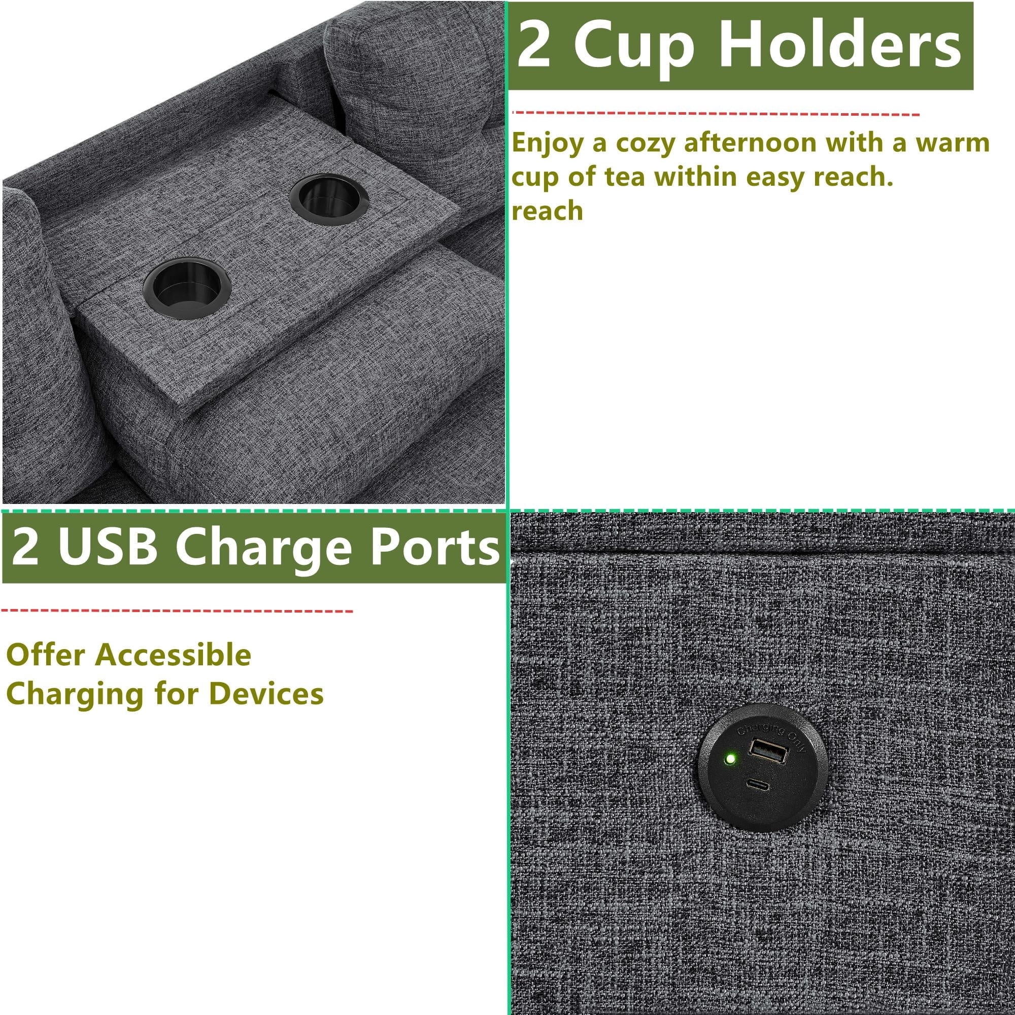 Aukfa 3 Piece Sectional Sofa Couch with Cupholder USB & Storage Ottoman for Living Room, Linen, Right Chaise, Gray