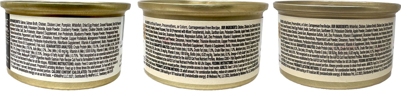 Grain-Free Pate Cat Food, Digestive Health - 3 Flavor (2) Each: Salmon, Whitefish, Chicken (3 Ounces) MerlinsMart Zine | Catnip Toy | Wellness CORE