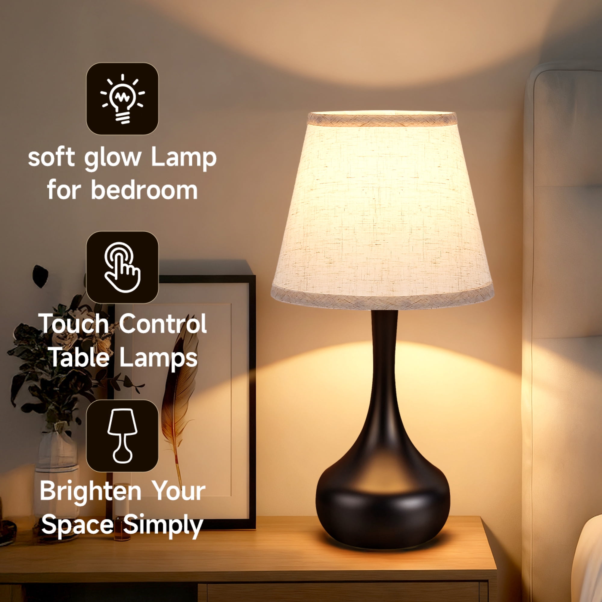 Leumius 3-Way Dimmable Set of 2 Small Bedside Lamps for Night Stands, Black LED Desk Lamps for Kids Room,Office,Living Room, End Table Black