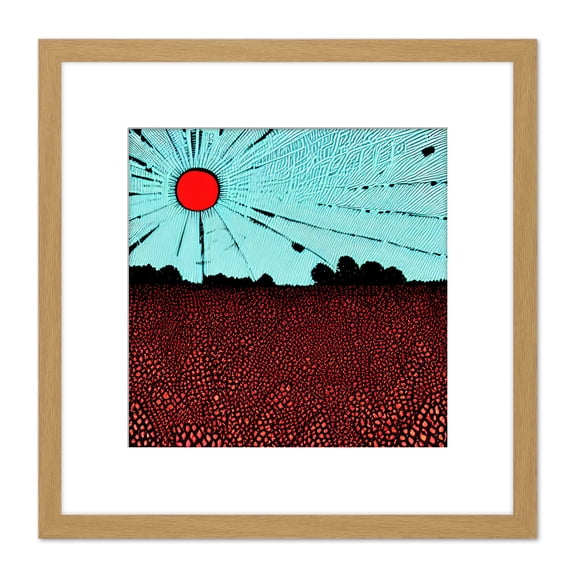 Abstract Surreal Landscape Red Sunset On Crop Field Painting Square Wooden Framed Wall Art Print Picture 8X8 Inch