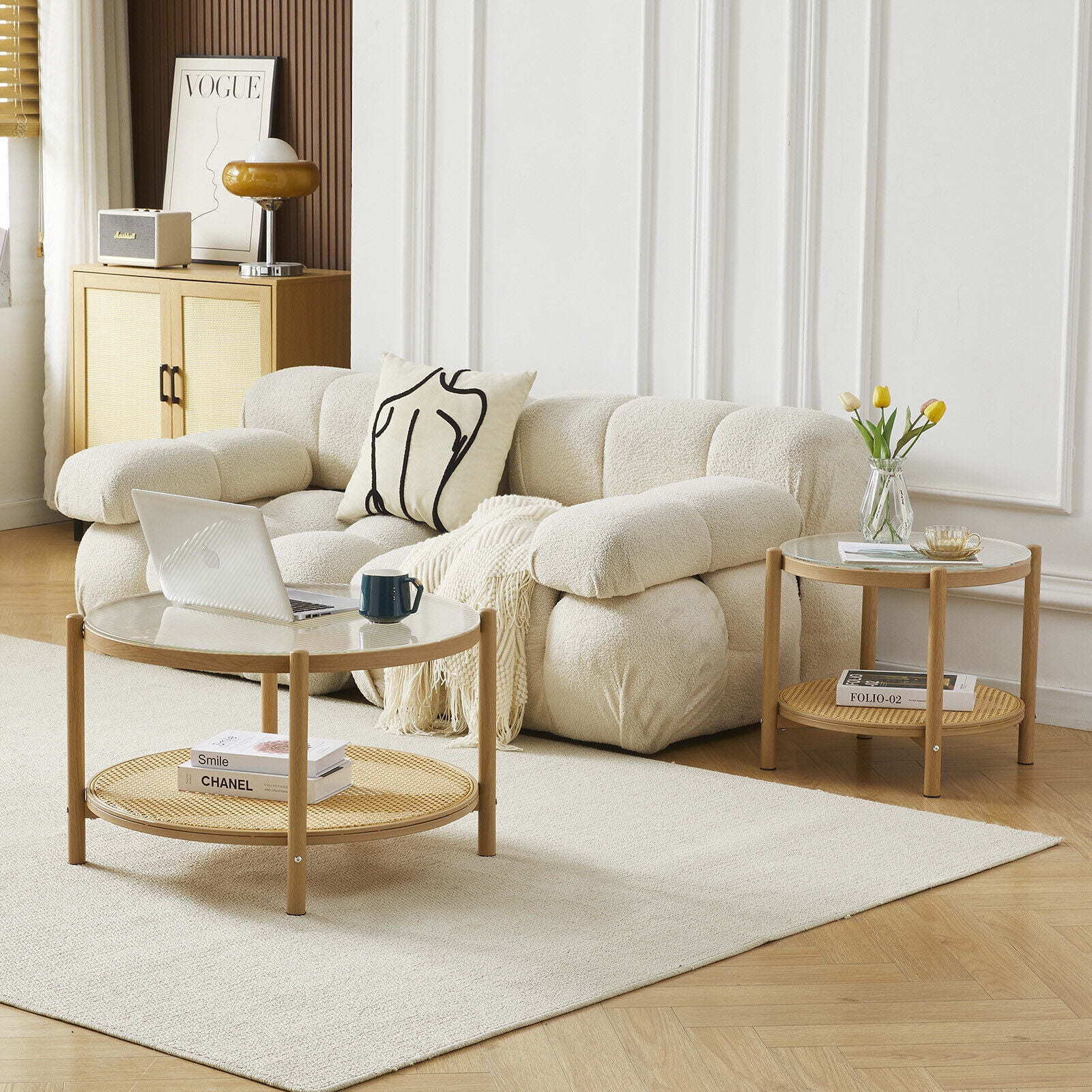 COSVALVE Set of 2 Round Rattan Coffee Tables 2-Tier Glass Metal Side End Table Bedroom Living Room