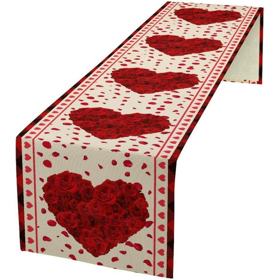 Sweet Red Rose Floral Table Runner Valentine''s Day Red Romantic Hearts Red Rose Farmhouse Table Runners for Family Dinner, Wedding Holiday 13x72 Inch