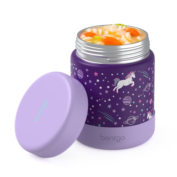 Bentgo Kids Stainless Steel Food Jar - 11 fl oz Leak-Proof Double Insulated Hot or Cold Food Container with Removable Silicone Bumper, Dishwasher Safe, Easy Open Lid, Ages 3 (Unicorn)