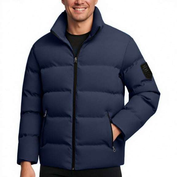 Fnooota Mens Puffer Jackets, Warm Stand-up Collar Cotton Padded Zip up Winter Coats for Men Dark Blue Size M-5XL
