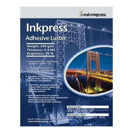 - Inkpress Adhesive Luster Inkjet Paper, 240 gsm Weight, 95% Brightness, 9.5 mil Thickness, 13x19