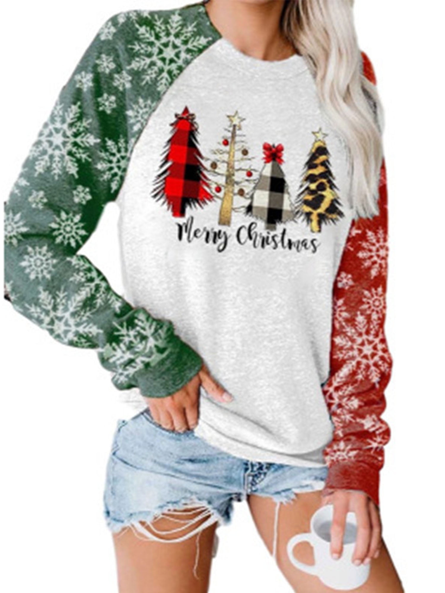 Christmas Tunic Shirts for Women Christmas Snowflake Christmas Tree Gradient Long Sleeve Shirts Casual Crewneck Tops