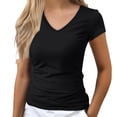 thumbnail image 2 of Only Moment Womens Tops Short V Neck Ribbed Slim Fitted Tee Summer Work Tops 2026 Spring Vacation Clothes Tee Shirts Womens Black,L, 2 of 5