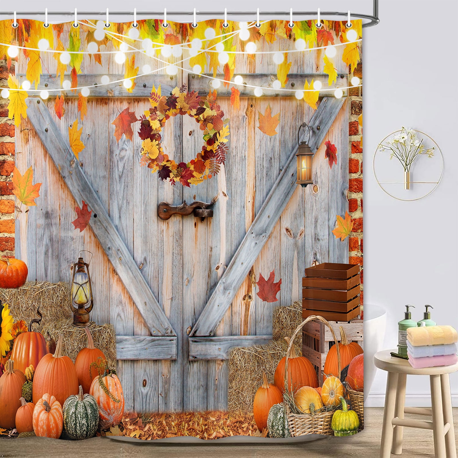Fall Shower Curtain, Farmhouse Barn Door Pumpkin Bath Curtain, Rustic Autumn Thanksgiving Harvest Bathroom Curtain Bathtub Decor, Polyester Fabric Waterproof Bathroom Curtain with 12 Hooks 70X75in