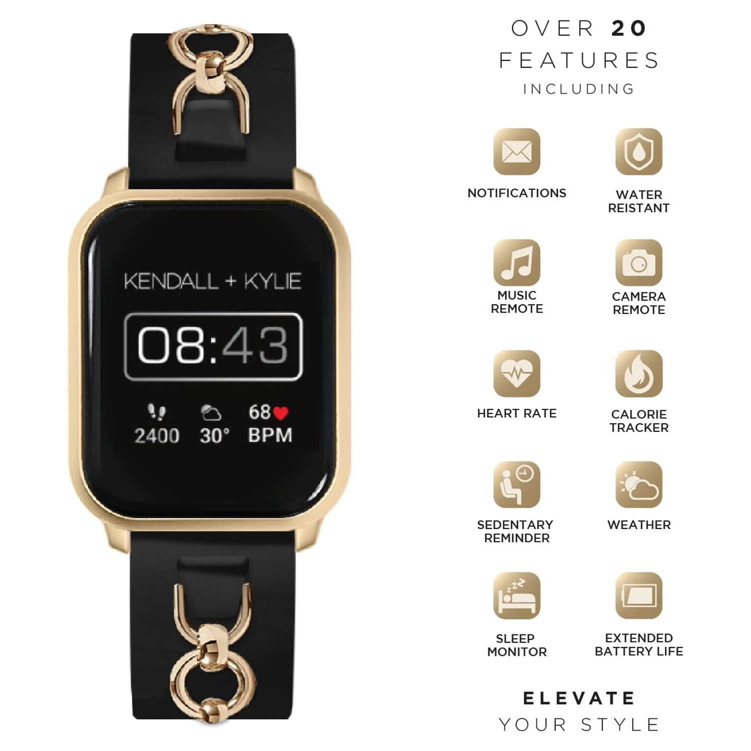 Kendall + Kylie Female Adult Smart Watch w/ Extra Strap & Earbud Set, Black/Gold
