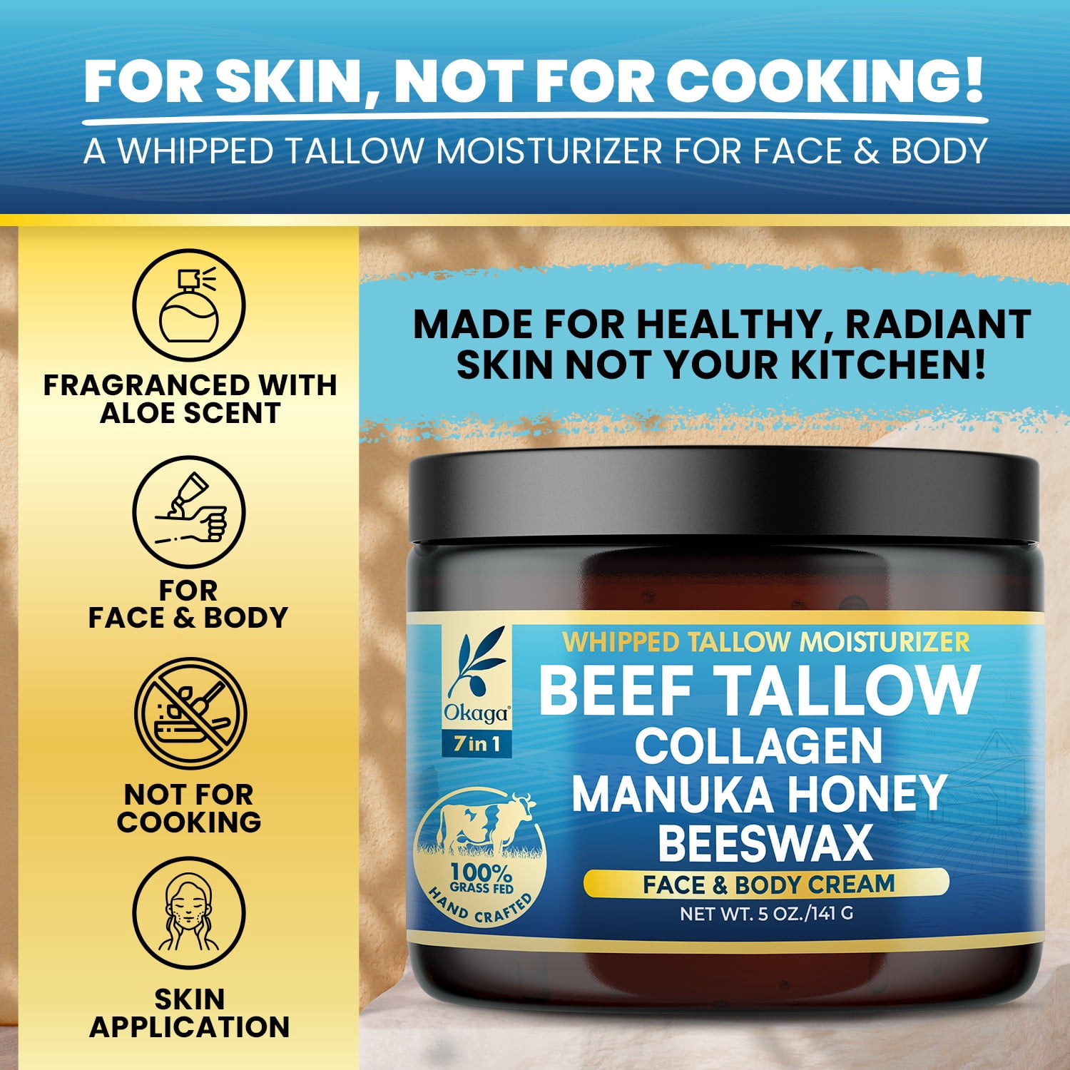 Okaga Beef Tallow for Skin, Organic Grass-Fed Beef Tallow Balm with Manuka Honey, Aloe Vera, Jojoba Oil, Collagen & Beeswax, Olive Oil, Moisturizer for Dry Skin, Nourishes Face, Body & Lips (3 Pack)