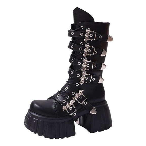 OKBOP Women's Faux Leather Mid-Calf Moto Boots, Bat Buckle Straps Lace-Up Round Toe Block High Heel Platform Goth Boots Boots Sizes 36