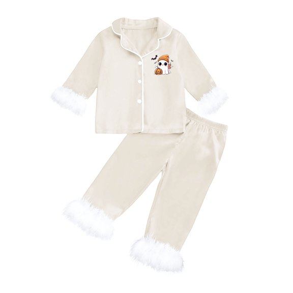 Landzoo Halloween 2 Piece Big Boys Girls Homewear Friendly Ghost Print Long Sleeve Notch Neck Sleepwear With Pants Outfit Fall Loose Fit Kids Pajamas Size 10-11 Years Beige