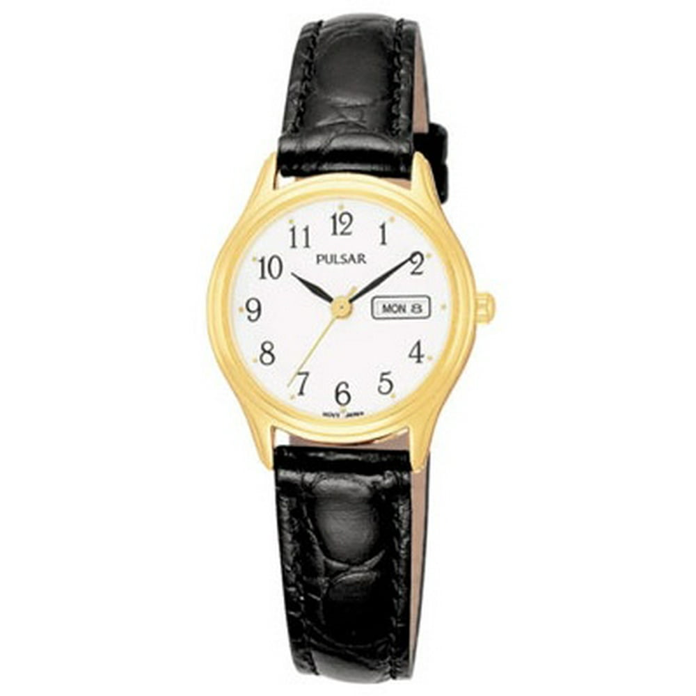Pulsar PXU012 Women's Gold Tone Black Leather Strap White Dial Watch