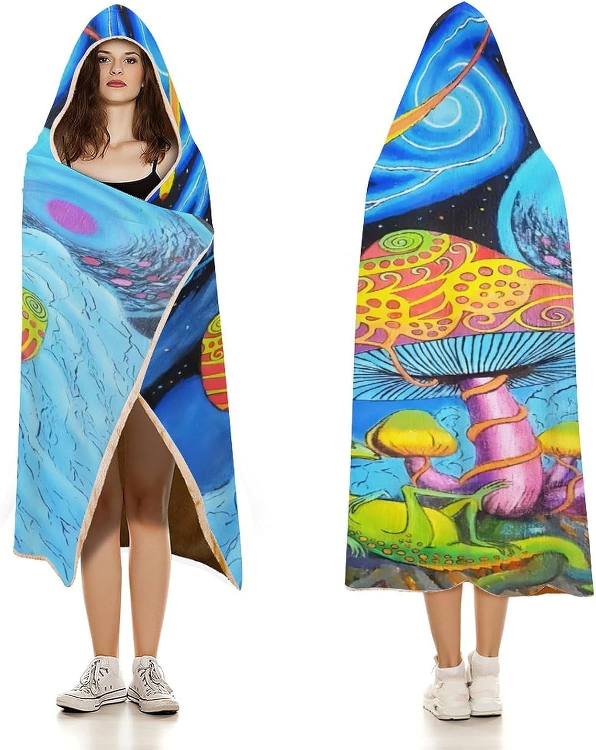 Mushroom Wearable Hooded Blanket for Adult, Mushroom Gifts for Women Men Hippie Poncho Wearable Blanket Hoodies