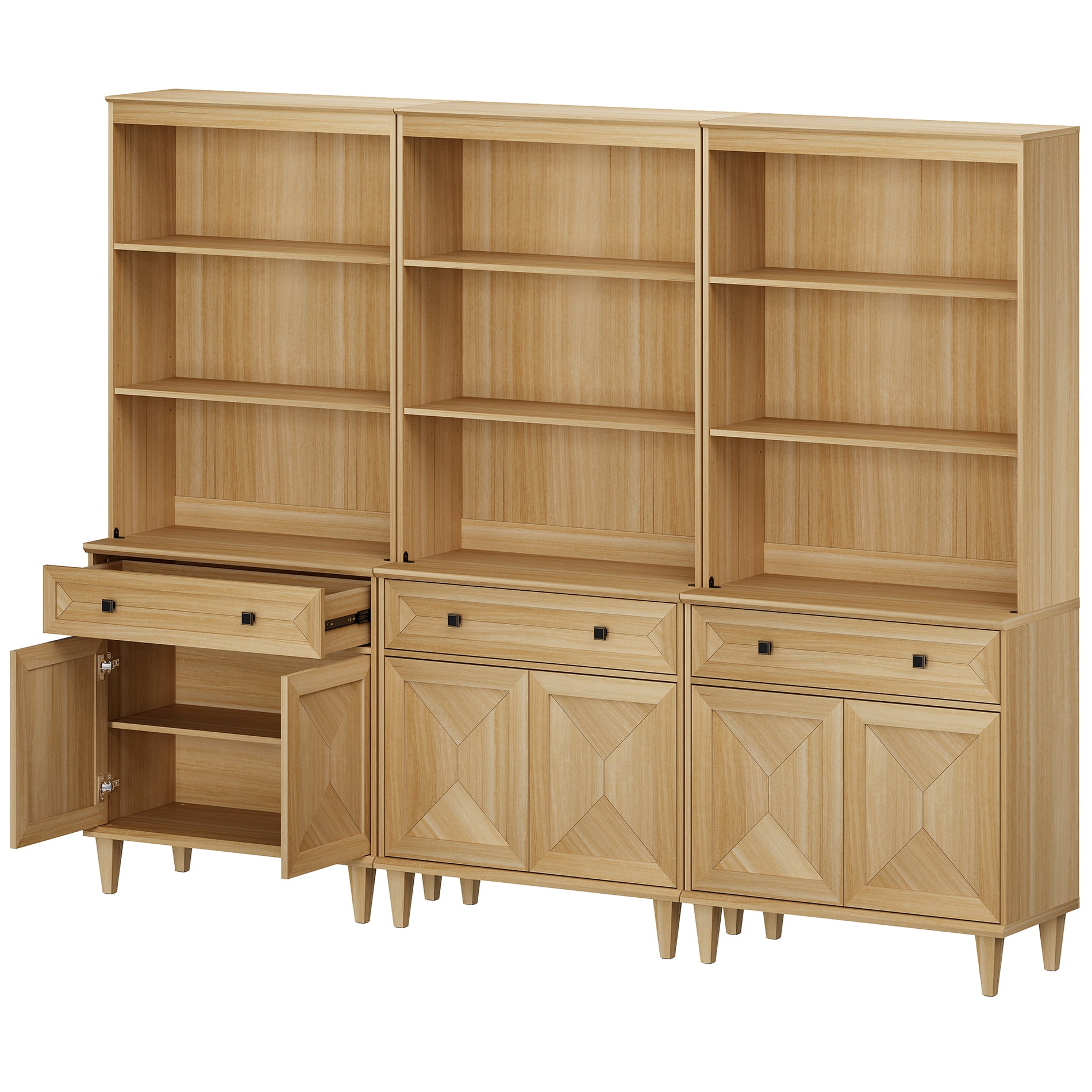 WAMPAT Handmade Patchwork 94.5" Wide Tall Bookshelf with Cabinets, Oak