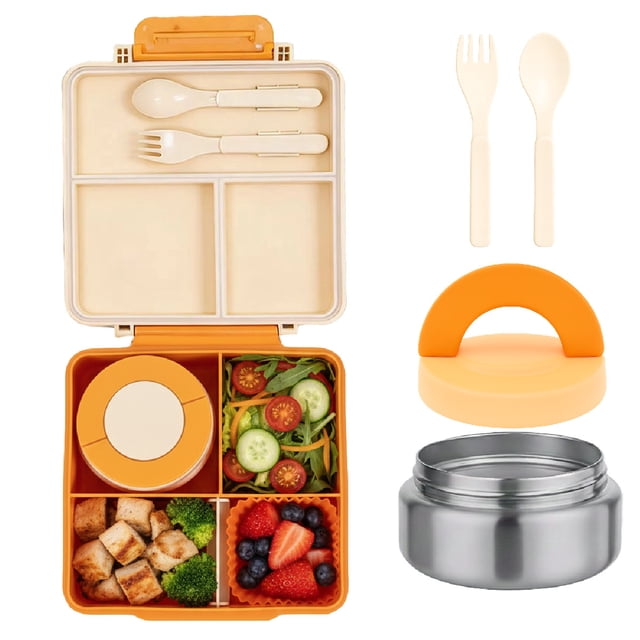 Lonchera para niños tipo omiebox incluye tarro y cubiertos, bento box c 4 compartimentos modulables de gran capacidad, lunch box con sellado hermético anti-fugas, caja de almuerzo BPA Free