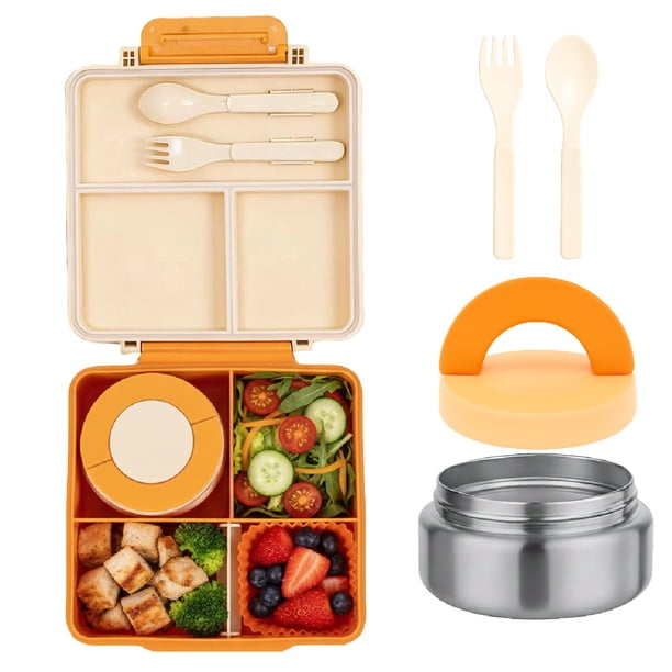 Lonchera para niños tipo omiebox incluye tarro y cubiertos, bento box c 4 compartimentos modulables de gran capacidad, lunch box con sellado hermético anti-fugas, caja de almuerzo BPA Free