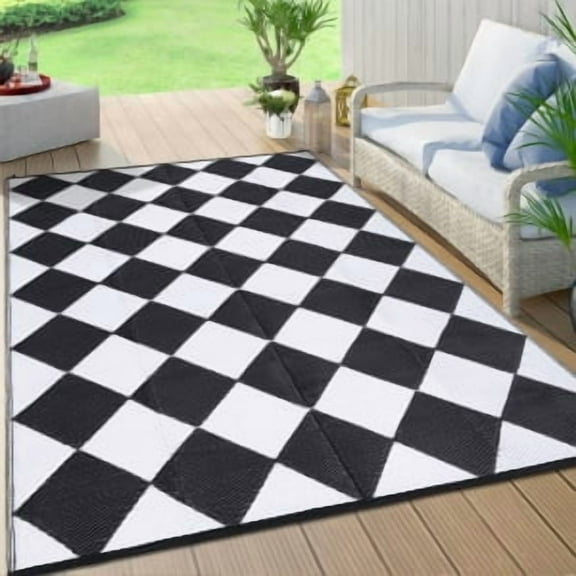 Danolapsi 8x10 Outdoor Rug Waterproof Reversible Outdoor Plastic Straw Rug with 4 Stakes & Portable Bag Boho Patio Rugs Carpet RV Mat Easy to Clean Checkered Floor Carpet for Patio Camp Balcony Deck