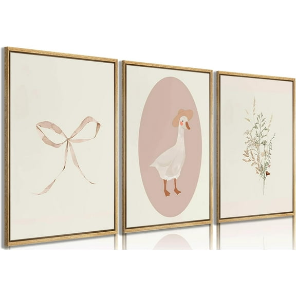 3Pcs Girls Nursery Canvas Wall Art Vintage Goose Wall Decor Pictures Pink Bow Poster Prints Kids Room Painting Artwork for Girls Room Bedroom Living Room Home Decoration,16x24in