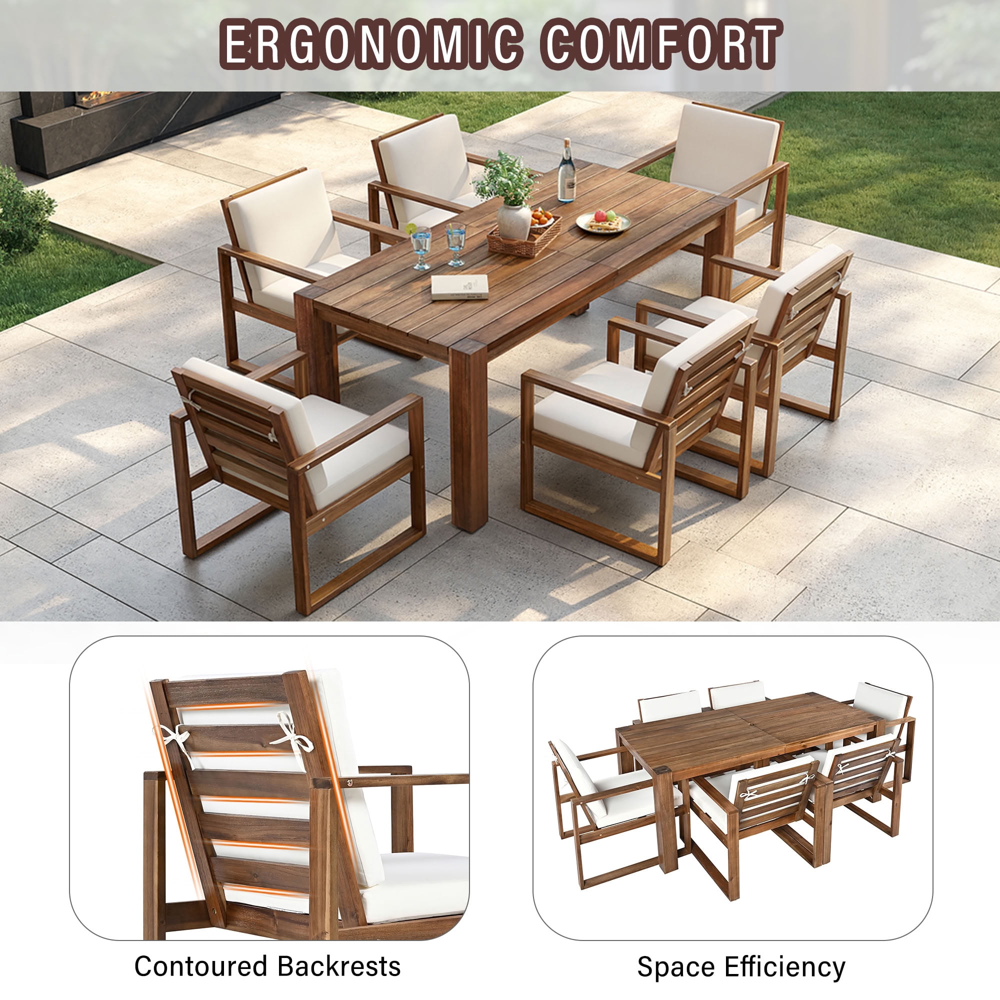 MAYEERTY 7 Piece Patio Table and Chairs Set, Outdoor Wood Furniture Set for 6 with Removable Cushion & Umbrella Hole, for Garden