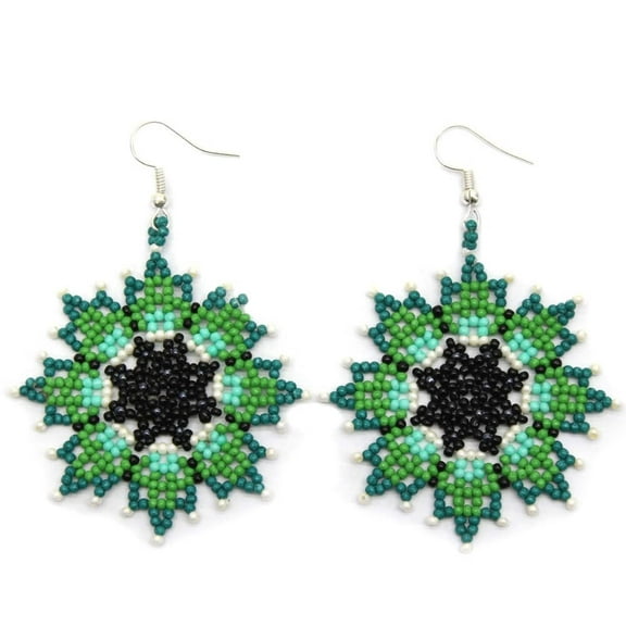 Handmade Beaded Native Style Green Artisan Bohemian Flower Hook Earrings