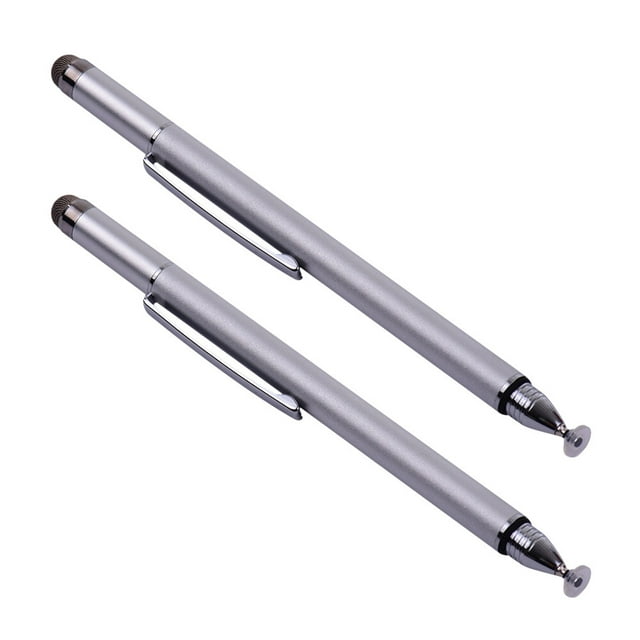 2-Pack Multi-Color Metal Stylus Pens with Dual Tips (Fiber & Disc), 13.3cm Length, Universal for Phones/Tablets/Laptops, Clip Design, Includes 2 Extra Fiber Tips & 2 Replacement Discs -