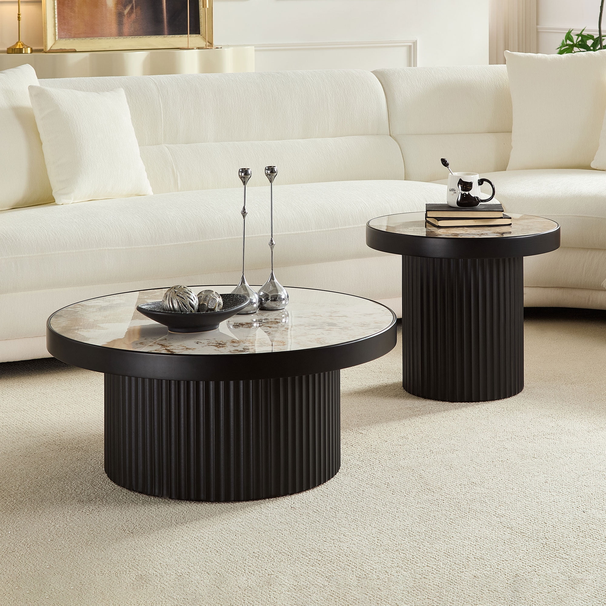 Kevinplus Round Coffee Table Set of 2 with Stone Tabletop for Living Room ,Apartment,Leisure Area, Black
