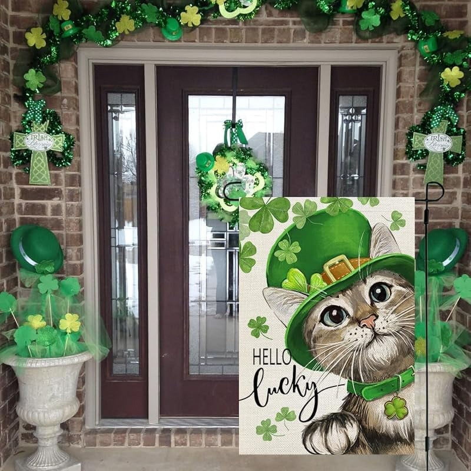 St Patricks Day Cat House Flag Double Sided Large Burlap Holiday Flag for Outside Yard